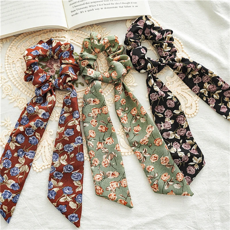 

Floral Print Bow Chiffon Long Ribbon Ponytail Scarf Hair Tie Scrunchies Women Girls Elastic Hair Bands Hair Accessories