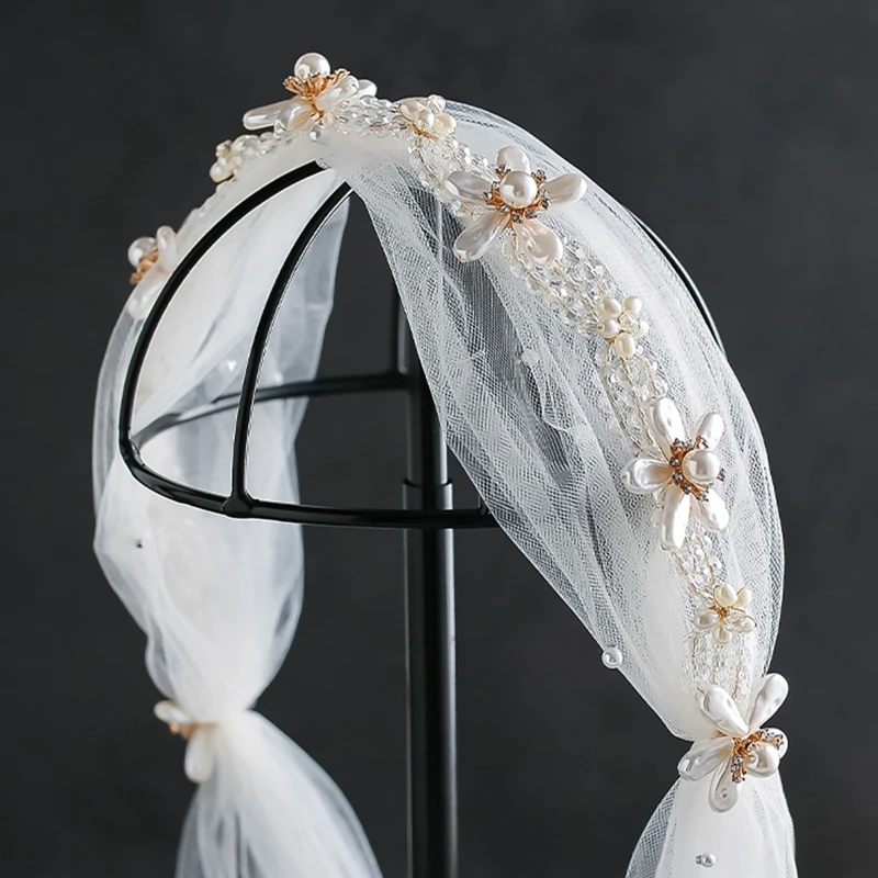 

Wedding Bridal Romantic Headband with Mesh Veil Crystal Chain Pearl Flower Hair Hoop Luxury Jewelry Party Fairy Headpiece