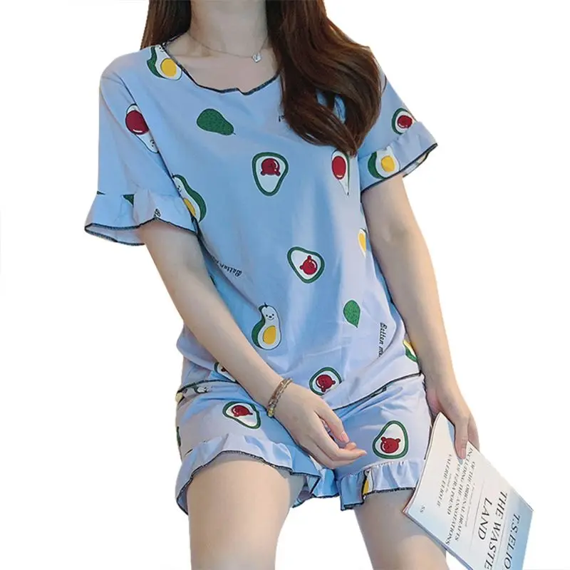 

Women Ruffles Short Sleeve 2Pcs Pajamas Set Cartoon Orange Avocado Sleepwear