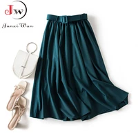 casual elegant women skirt 2021 spring and summer solid high waist belt a line vintage office party long skirt faldas jupe femme