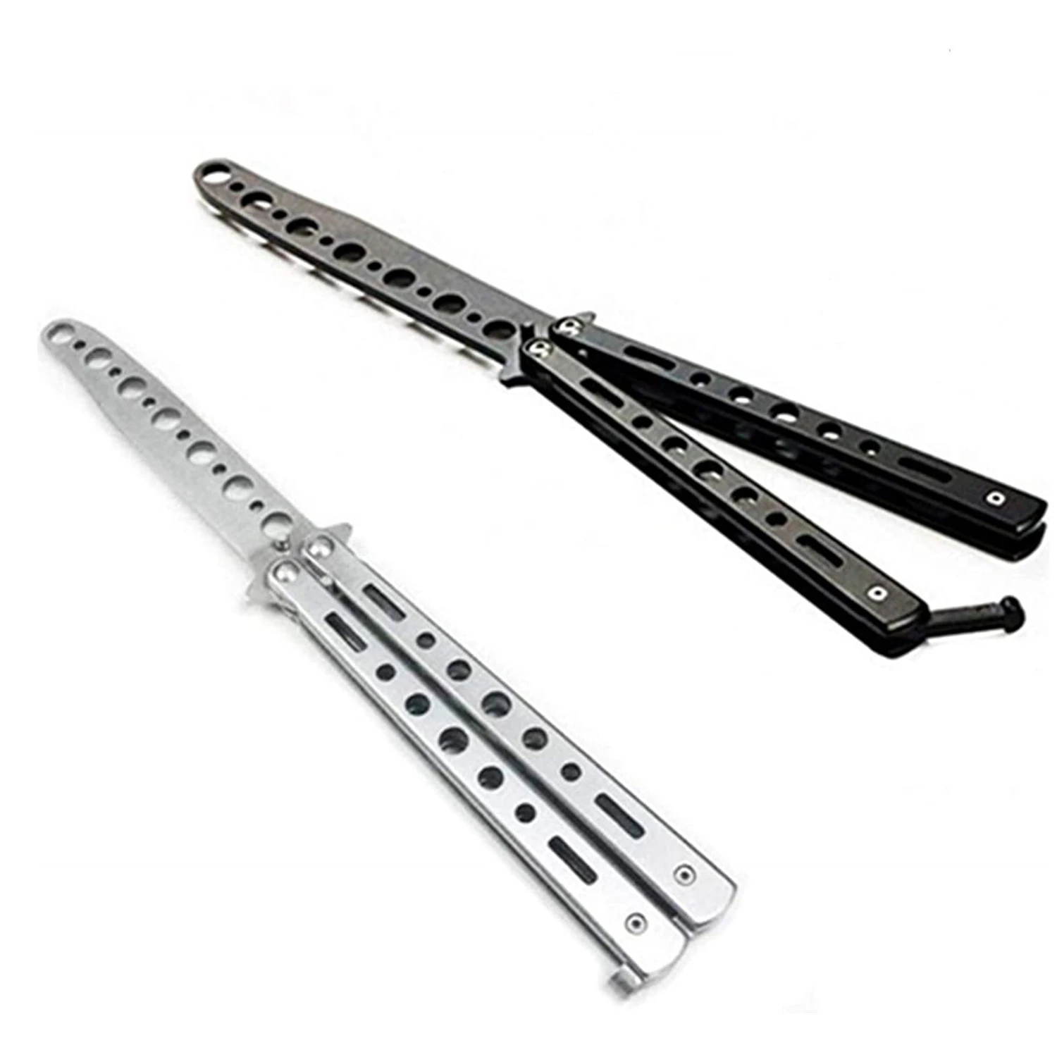 

2 Piece Set Butterfly Knife Color Blade Black and Silver Trainer Martial Arts Practice Sword Steel Metal Folding Knife
