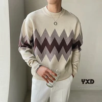 mens fallwinter sweater mans beige diamond grid gradient loose korean style pullovers male fashion casual spliced knitwears