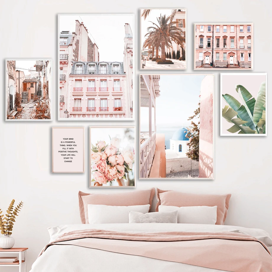 

Pink Building Peony Palm Tree Banana Leaf Wall Art Canvas Painting Nordic Posters And Prints Wall Pictures For Living Room Decor