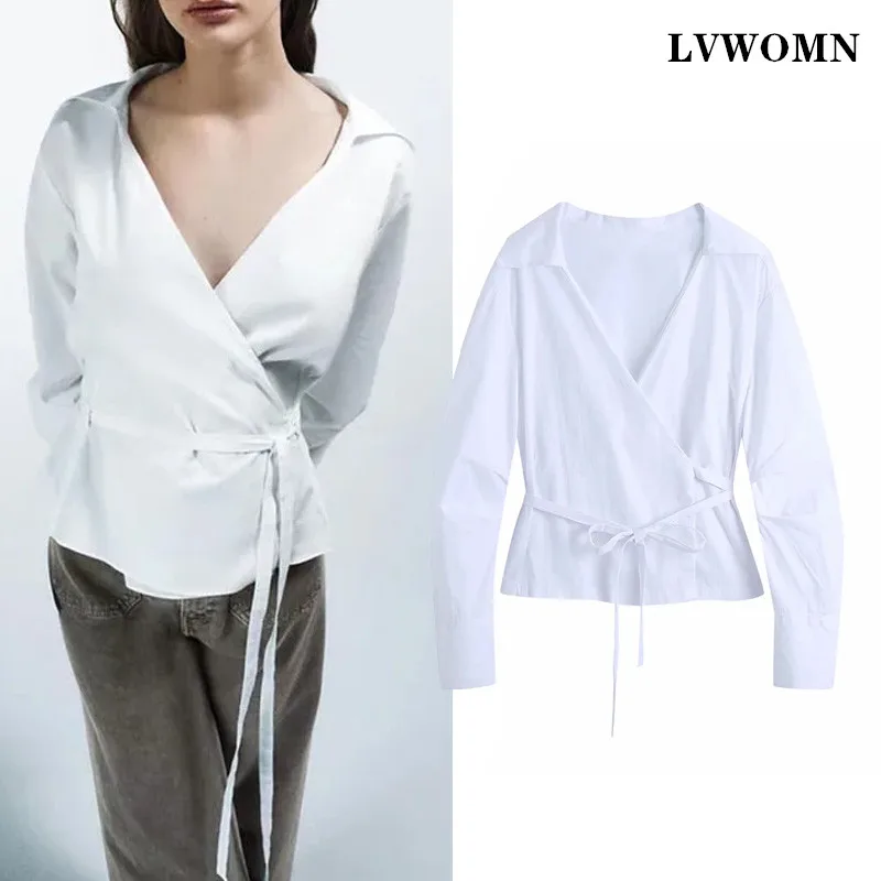 

LVWOMN Za White Blouse Women 2021 Spring Vintage Belt V neck Poplin Shirts Woman Ruched Long Sleeve Top Casual Office Chic Tops