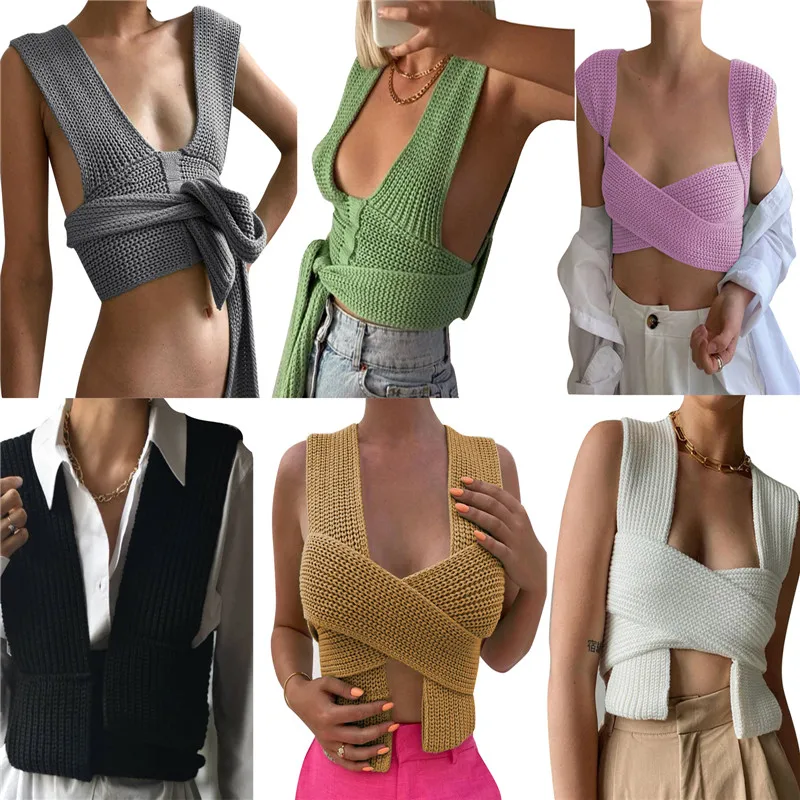

Spting Autumn Women Multifunction Knitwear 2021 Fashion Casual Street Clubwear Homewear Solid Color Solid Lace-Up Vest