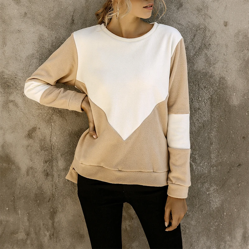 

Autumn Women Long Sleeve Sweatshirt Contrast Color Patchwork Fashion Split Fork Hem Casual Streetwear Female Tops