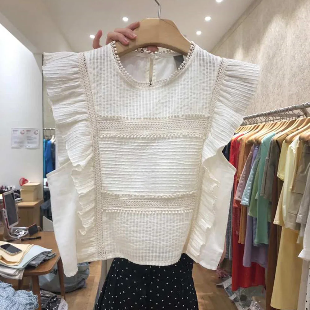 

Sleeveless Women Blouse Summer Ruffle Black White Shirts Casual Korean Plain Switching Round Neck Ladies Fashion Simple Tops