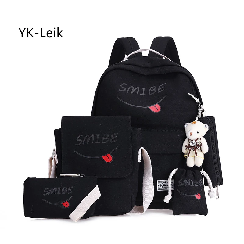 5pcs/set Korean version Smiley expression backpacks Canvas School bag for teen girls Women casual travel backpack Shoulder Bag