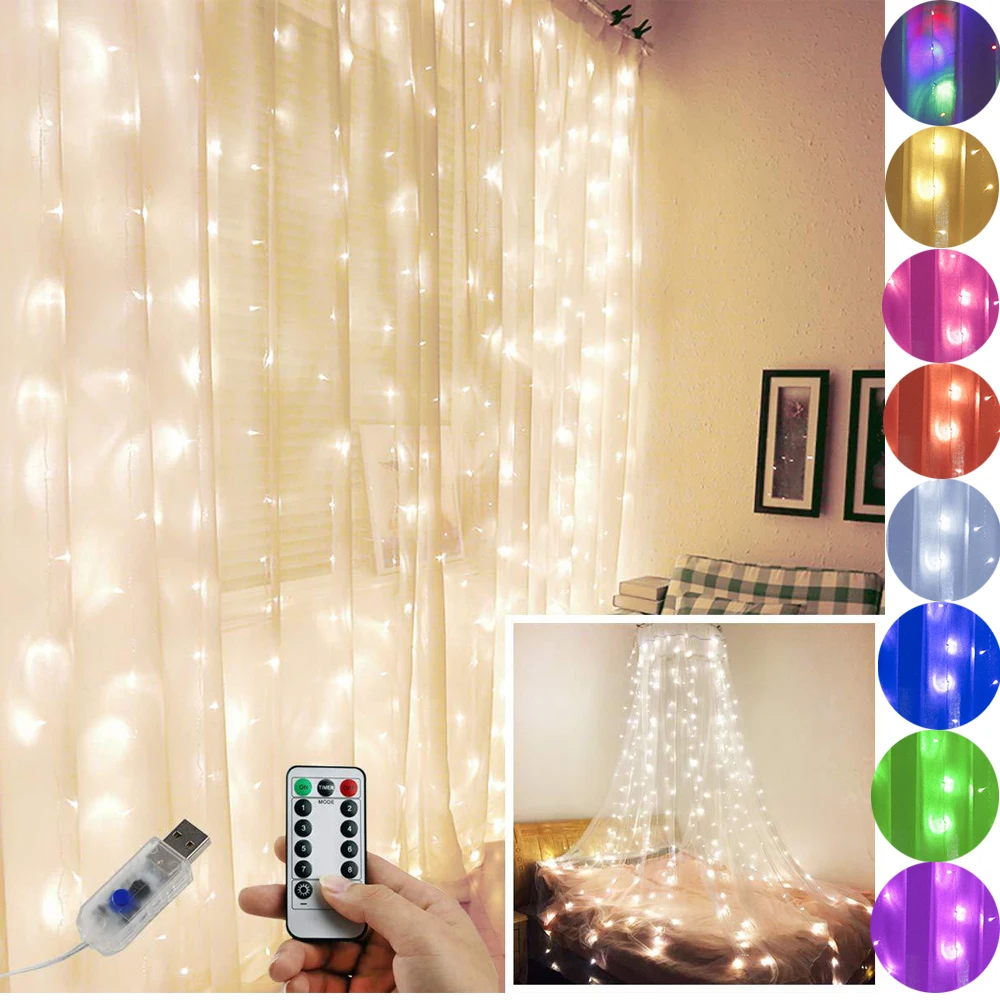 

Светодиодная гирлянда 3 м, 8 режимов, подвесная Декоративная гирлянда-занавеска С дистанционным управлением, рождественские подарки, украше...
