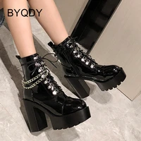 byqdy autumn patent leather female ankle boots platform metal chains punk style women short boots thick high heeled ladies shoes