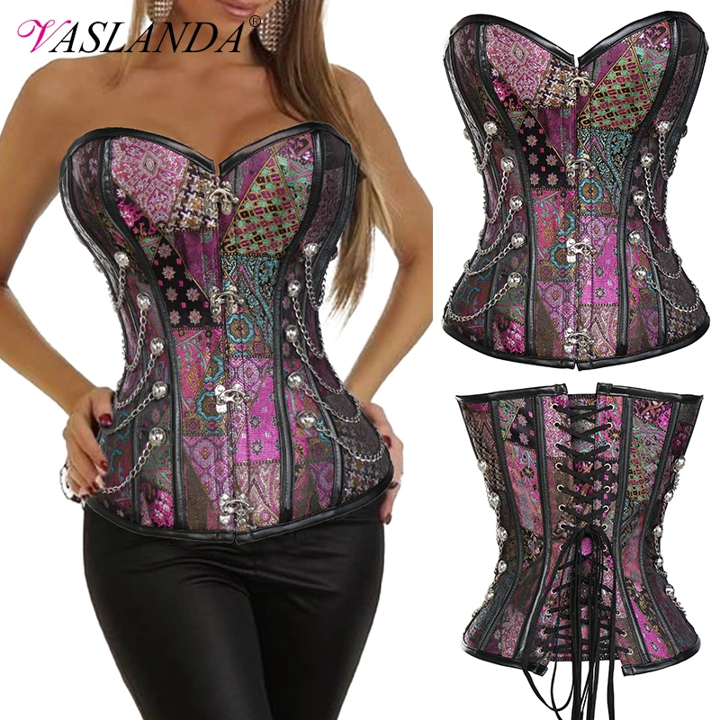 

Women's Bustiers & Corsets Spiral Steel Boned Steampunk Corset with Chains Overbust Gothic Bustier Waist Training Corselet