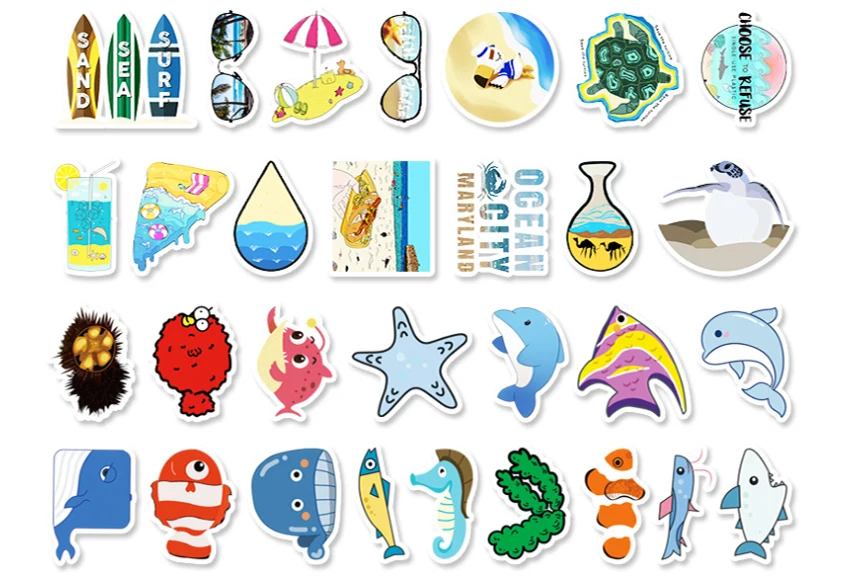 

50/100Pcs/Set Marine Biology Department Graffiti Waterproof Skateboard Travel Suitcase Phone Laptop Luggage Stickers Cute
