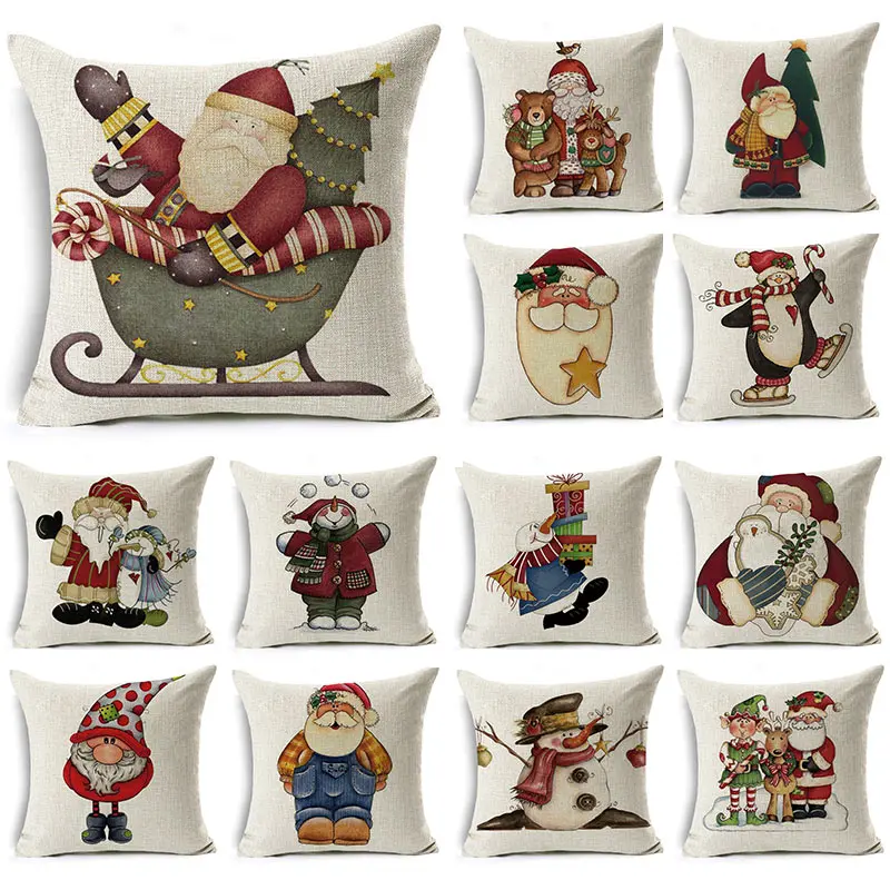 WZH-funda de almohada de dibujos animados de Santa Claus, decoración de lino, regalo de Navidad,