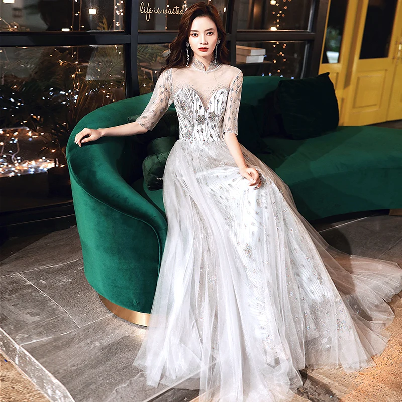 

Women Evening Dresses Long 2020 Vintage High Neck A-line Floor-length Shiny Glitter Silver Gray Formal Gown For Birthday Party