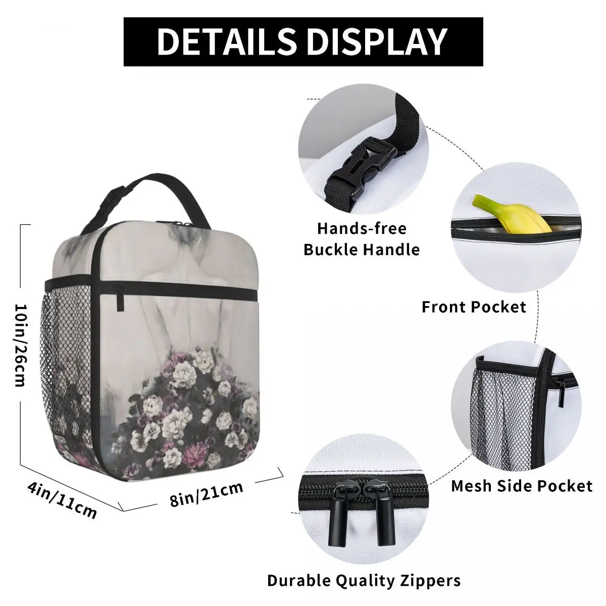 

Woman With Rose Dress Lunch Bag for Women Men Large Insulated Lunch Box with Water Bottle Holder and Pockets