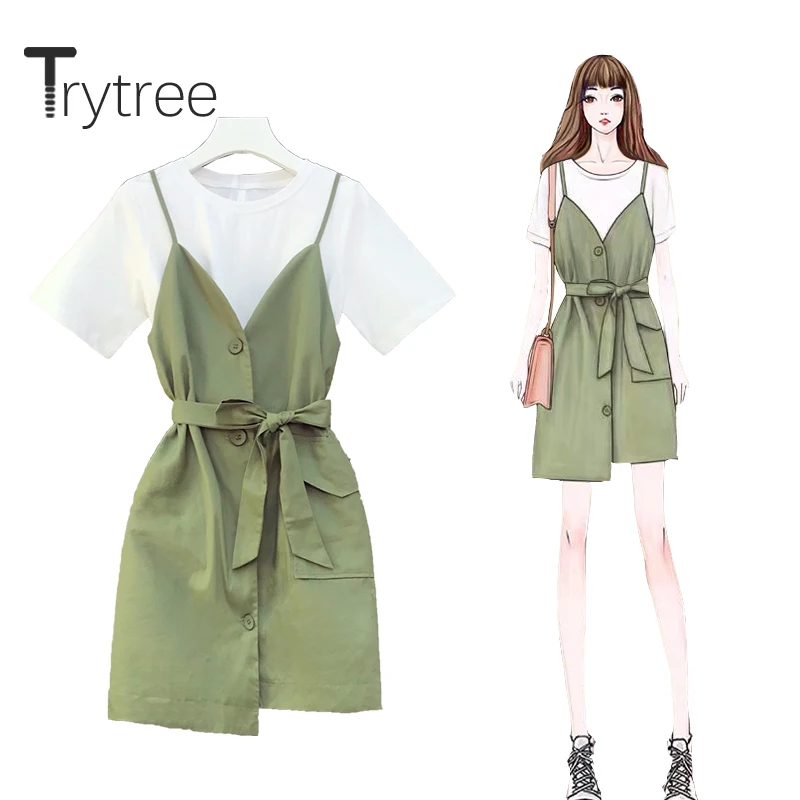 

Trytree 2020 Summer Women two piece set Casual O-neck Solid Loose Tops + Sling Dress Mini Single Breasted Irregular 2 piece Set