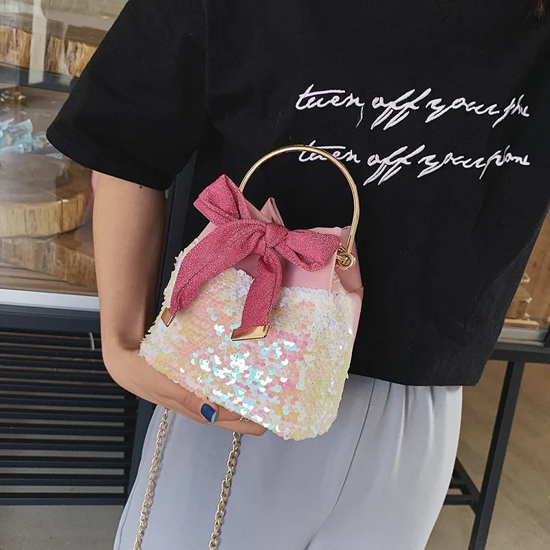 

Woman Bag Fashion Metal Handbag Bow Sequins Messenger Chain Wild Bucket Bolsa Feminina Sac A Main Femme De Marque Soldes