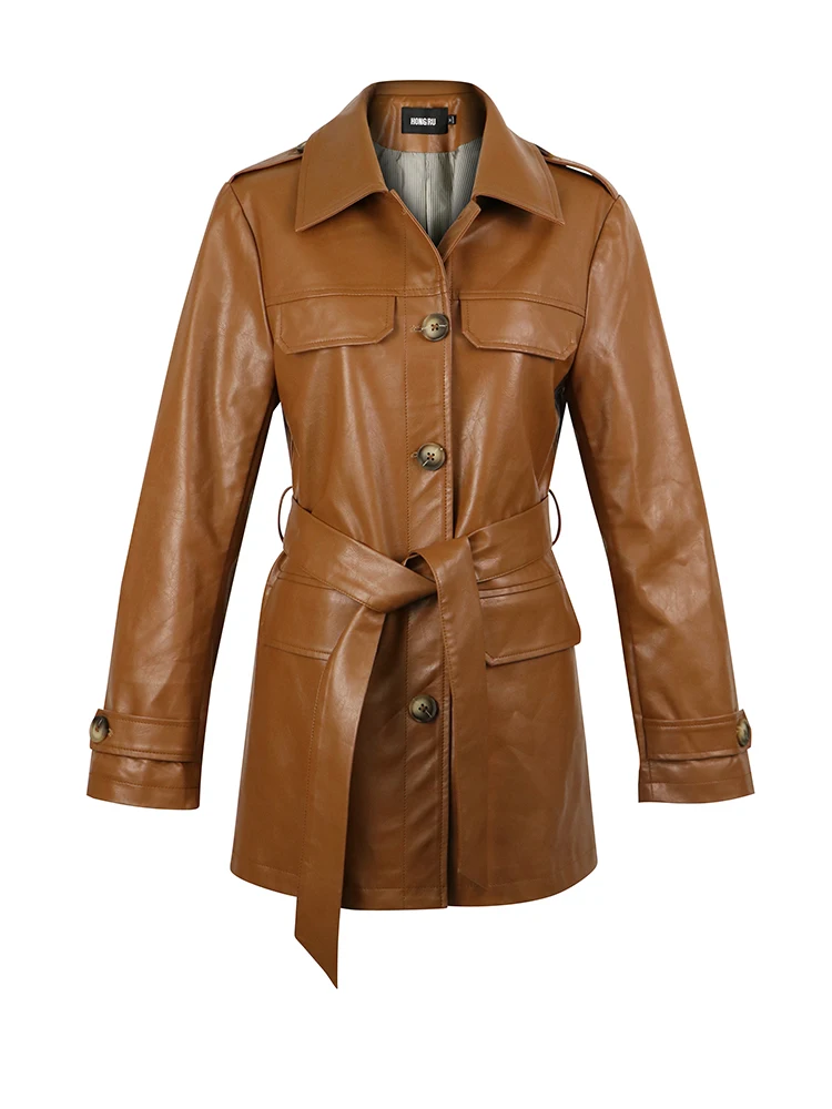England locomotive style single breasted pu leather jacket female great quality was thin with belt F1030 | Женская одежда