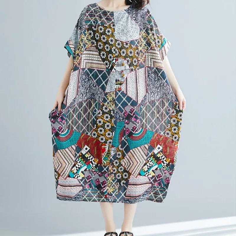 Винтажные народные женские летние длинные платья с принтом пуловер круглым