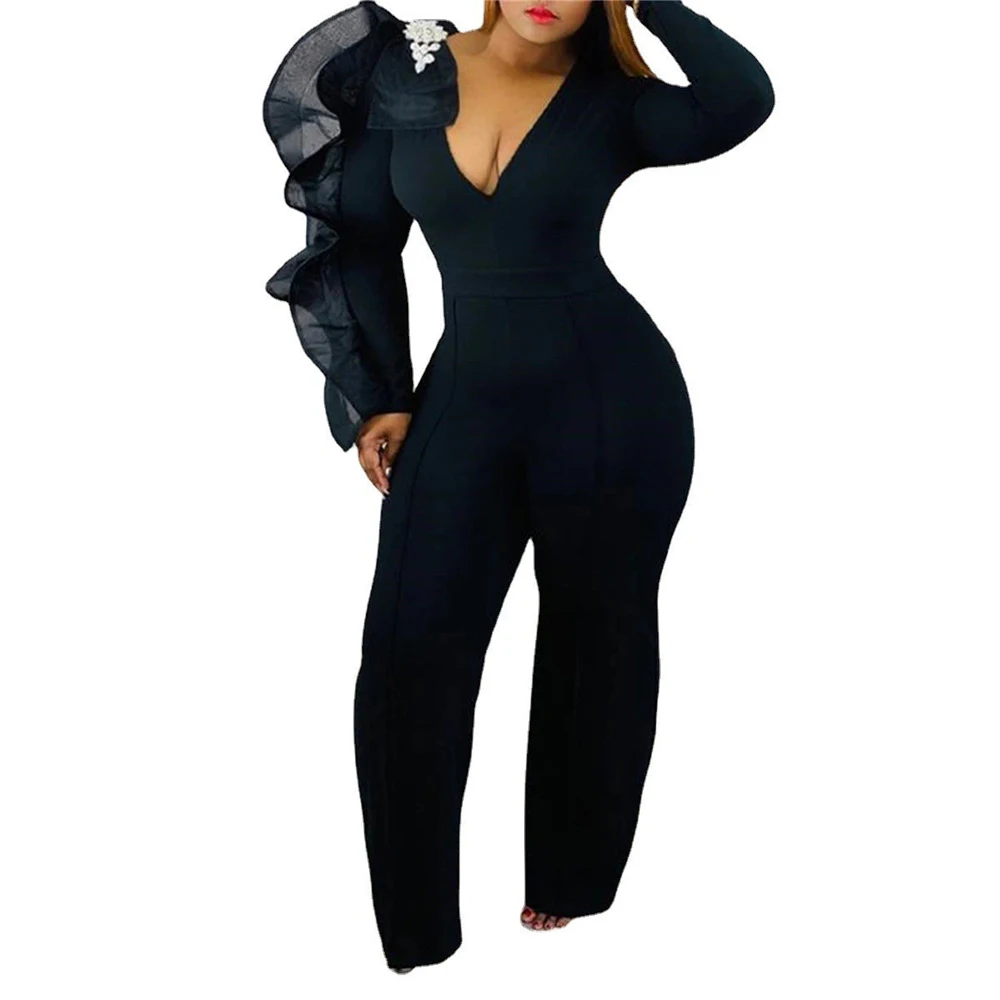 

Женский однотонный комбинезон с V-образным вырезом и широкими штанинами