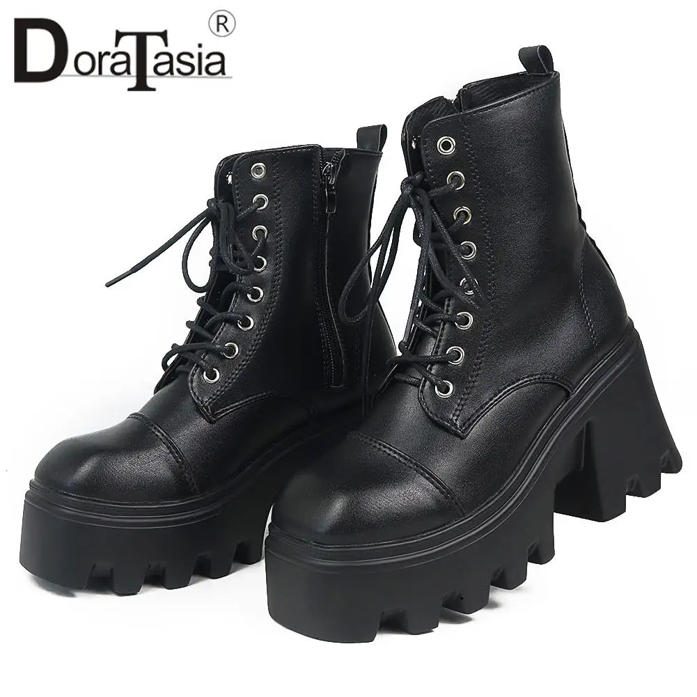 

Big Size 35-43 New INS Hot Female Motorcycle Boots Lace-up Platform Chunky High Heels Ankle Boots Women Party Office Shoes Woman