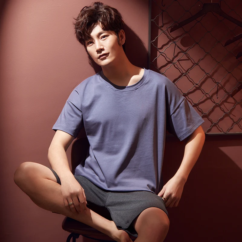 

Новинка, из хлопка, с круглым вырезом, мужские летние шорты рукавом шорты пижамный комплект L-3XL, одежда для сна, комплект для досуга одежда дл...