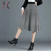 houndstooth plaid elastic high waist pleated knitting skirt autumn winter elegant thicken mom midi sukienka streetwear 2021 saia