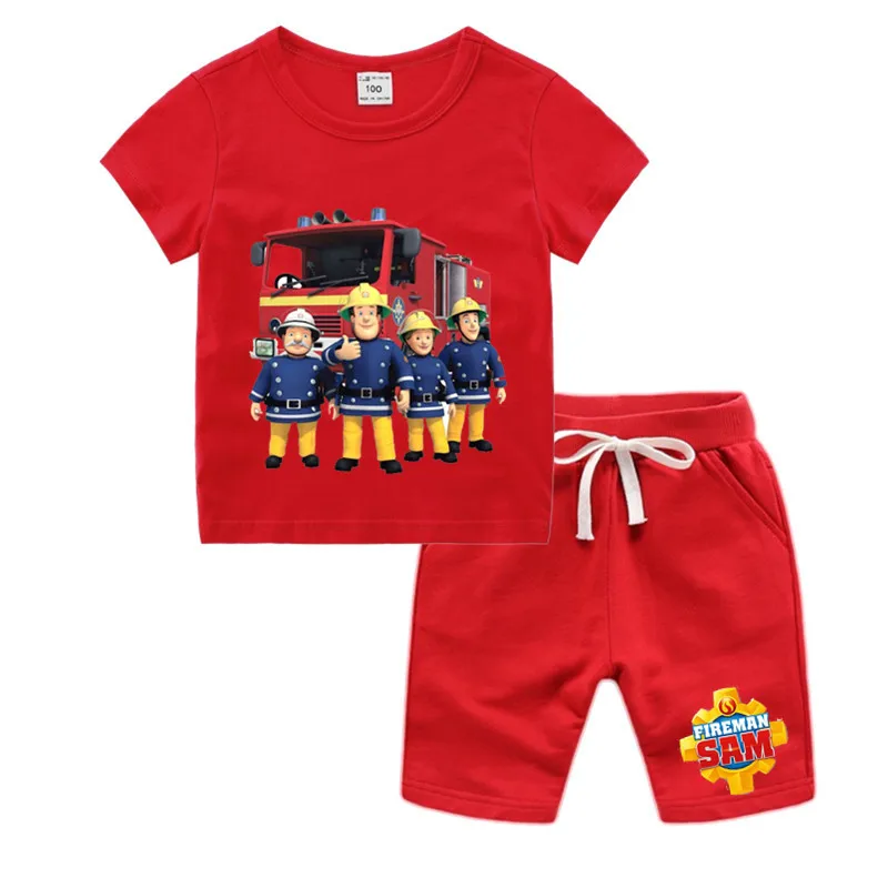 Little Boy Girl Cartoon Fireman Sam T shirt Shorts Set Kid Baby Fire man T-shirt Shorts Toddler Clothing Set,Drop Ship