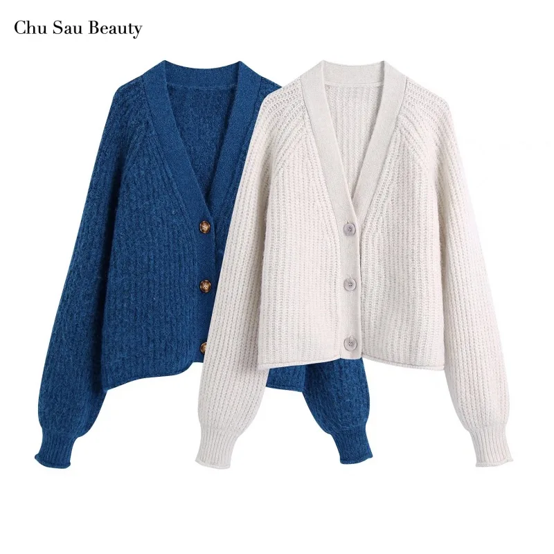 

2021 ZA Women's Autumn Spike Pattern Knitted Cardigan Jacket Street Style Loose V-Neck Long Sleeve Sweater Cardigan 2 Colors