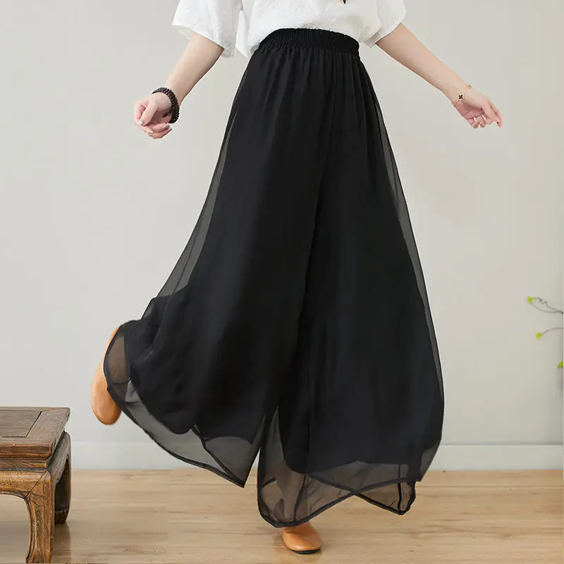 

Elegant Double-Layer High Waisted Wide Leg Hakama 2021 Spring Summer New Solid Color Wild Loose Women Trousers Skirt Pants zh407
