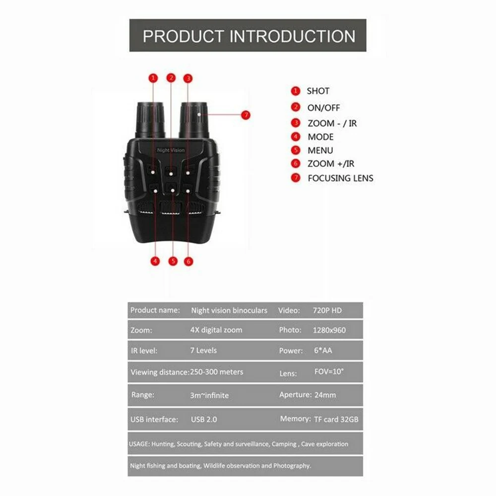 

Digital Night Vision 32GB Binoculars Range 300M HD Zoom Infrared Binoculars 2.3 Inch Screen Video Recording Hunting Camera