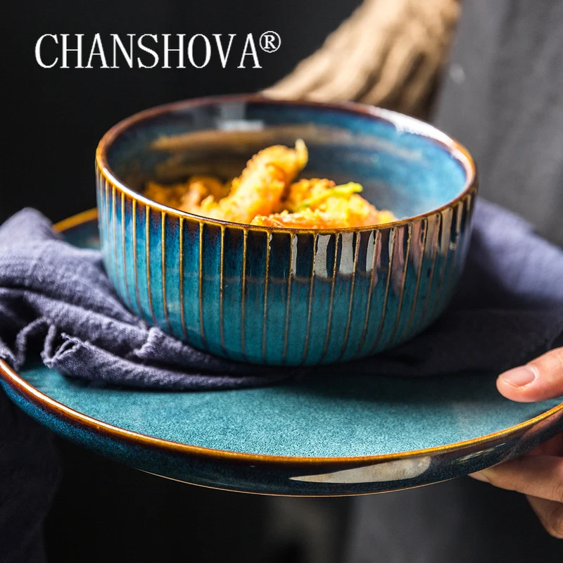 

CHANSHOVA Blue Ceramic Kiln random texture Color Glazed Personality Bowl Noodle salad bowl Porcelain Soup Kitchen Utensils G018
