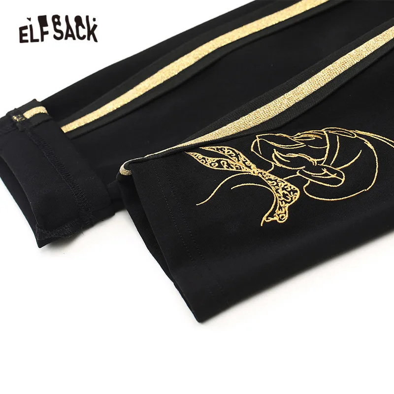 ELFSACK женские брюки с мультяшным принтом, Осенние повседневные черные женские брюки, модные прямые женские брюки с эластичной резинкой на талии