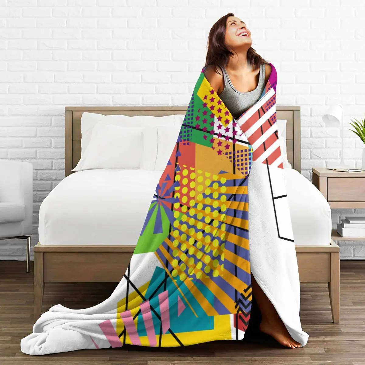 

Flannel Blanket Colorful Geometric Memphis Light Thin Mechanical Wash Warm Soft Blankets Throw on Sofa Bed Travel Patchwork