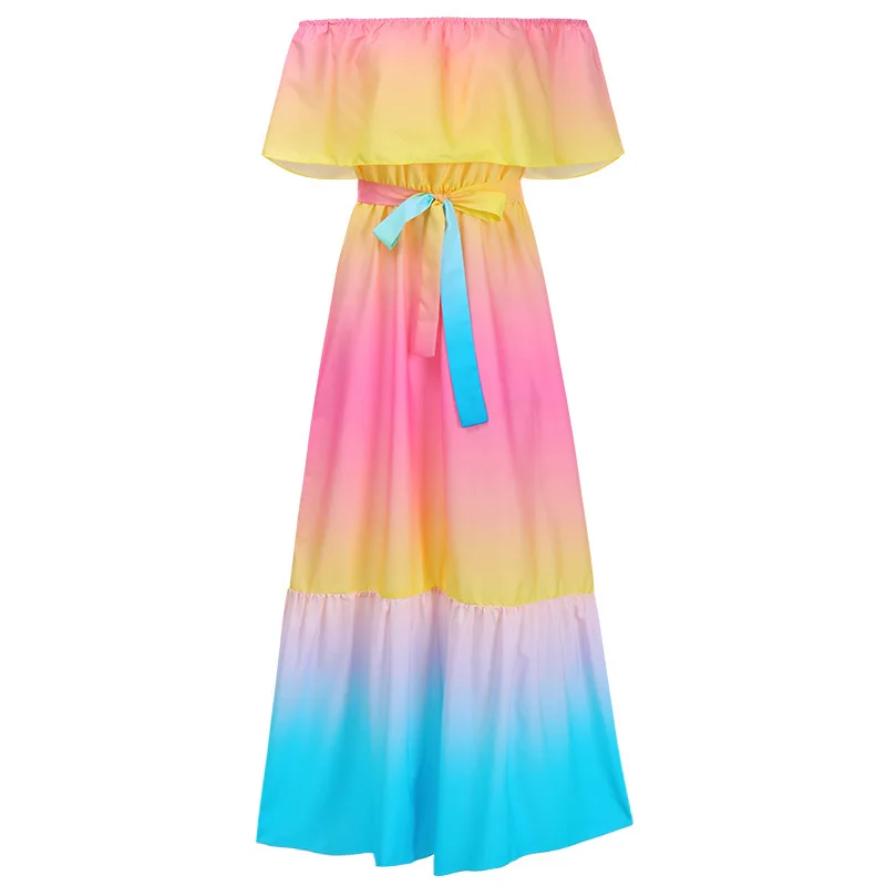 

2021summer Women's Dress Slash Neck Chiffon Maxi Sundress Holiday Beach Boho Dress for Women Rainbow Gradient Strapless Vestidos