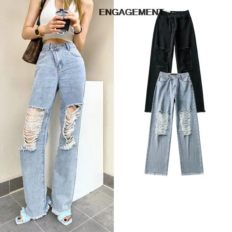 

ENGAGEMENT Za 2021 Trafaluc Personality tide br double-button design ripped jeans summer women raw edge straight-leg pants