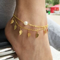 new anklet fashion ladies wear tassel layered leaf pearl anklet ladies fashion anklet jewelry wholesale