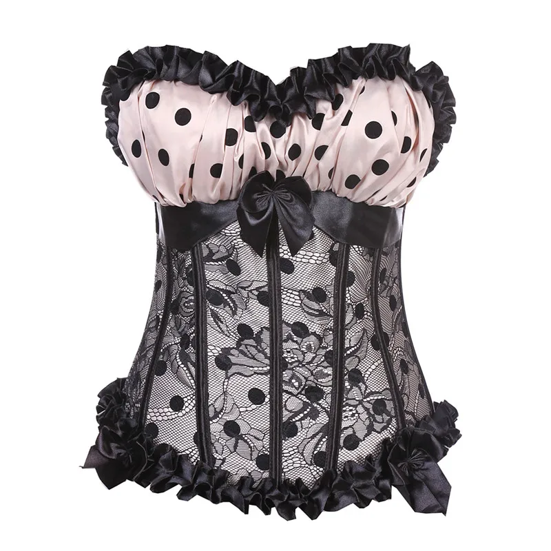 

Sexy Women Ruffle Lace Spliced Lace-up Bustier Corsets Dot Flowers Backless Sling Tube Crop Tops Lingerie Retro Stylish Shaper