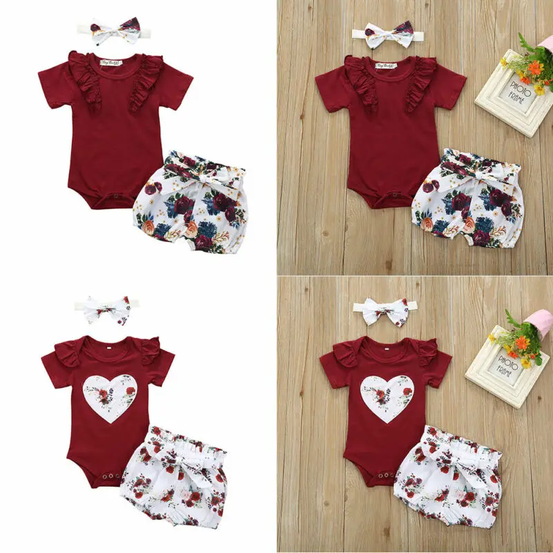 

AA 2020 Newborn Baby Girls Kid Clothes Ruffle Jumpsuit Tops + Flowers Shorts + Headband 3PCS Clothing Set