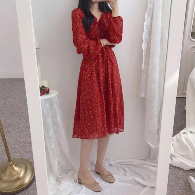 Шифоновое платье трапеция с цветочным принтом весна осень|Женские платья| |