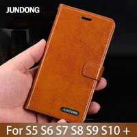 leather flip phone case for samsung s3 s4 s5 s6 edge plus s7 edge s8 s9 s10 plus case cowhide oil wax skin card slots cover