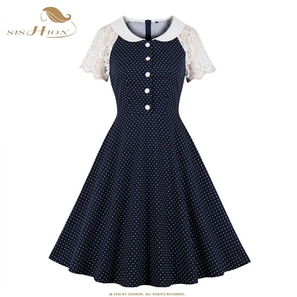 

SISHION Peter Pan Collar Lace Women Polk Dot Print Dress SP1454 Patchwork Short Sleeve With Button Retro Tunic Party Dress
