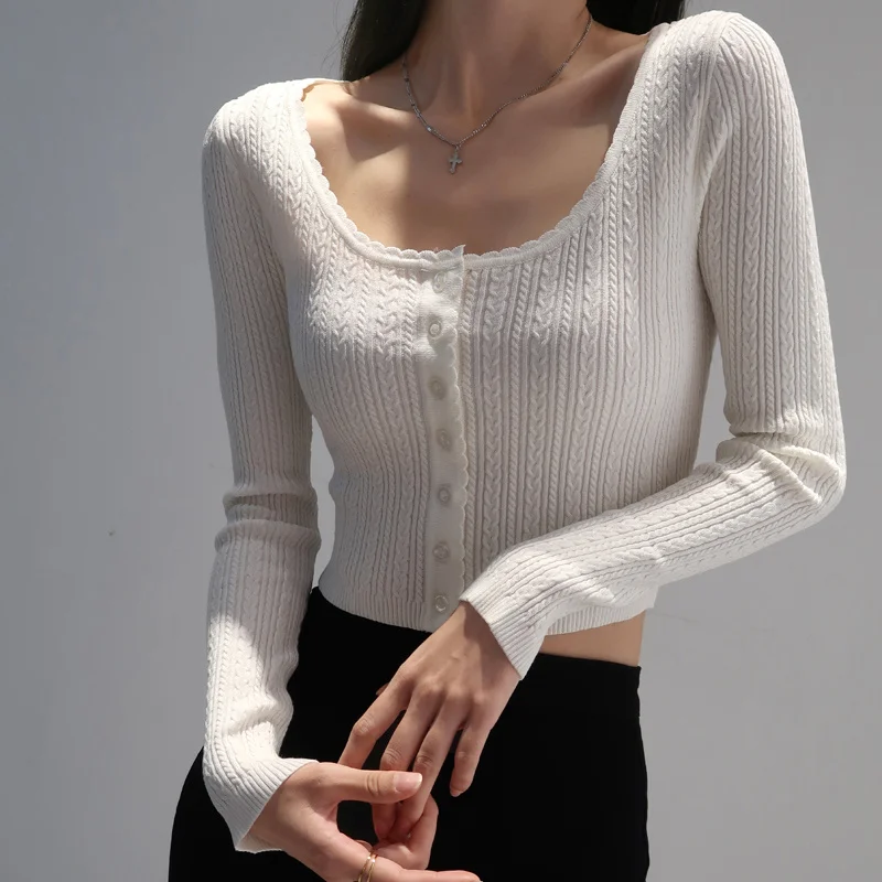 

TVVOVVIN Женская мода в Корейском стиле приталенный с U-образным вырезом и длинным рукавом простая Яркая вязаная однотонная кофта TVBF