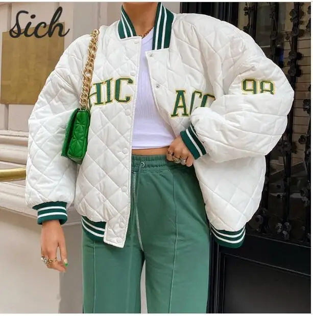 

Women's Jacket Diamond Lattice Letters Baseball Jacket Female Harajuku Embroidered Warmth Korean Hip-hop Mujer Streetwear