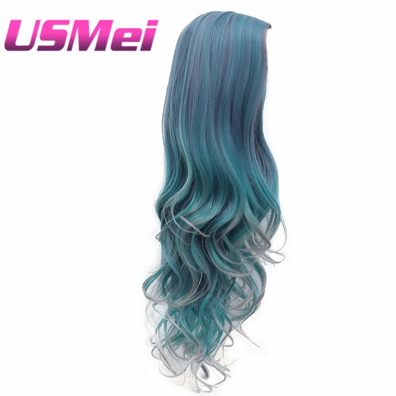 

Usmei Blue Ombre Long Wavy Heat Resistant Fiber Synthetic Wig Natural Middle Part Cosplay Wigs for Charming Women