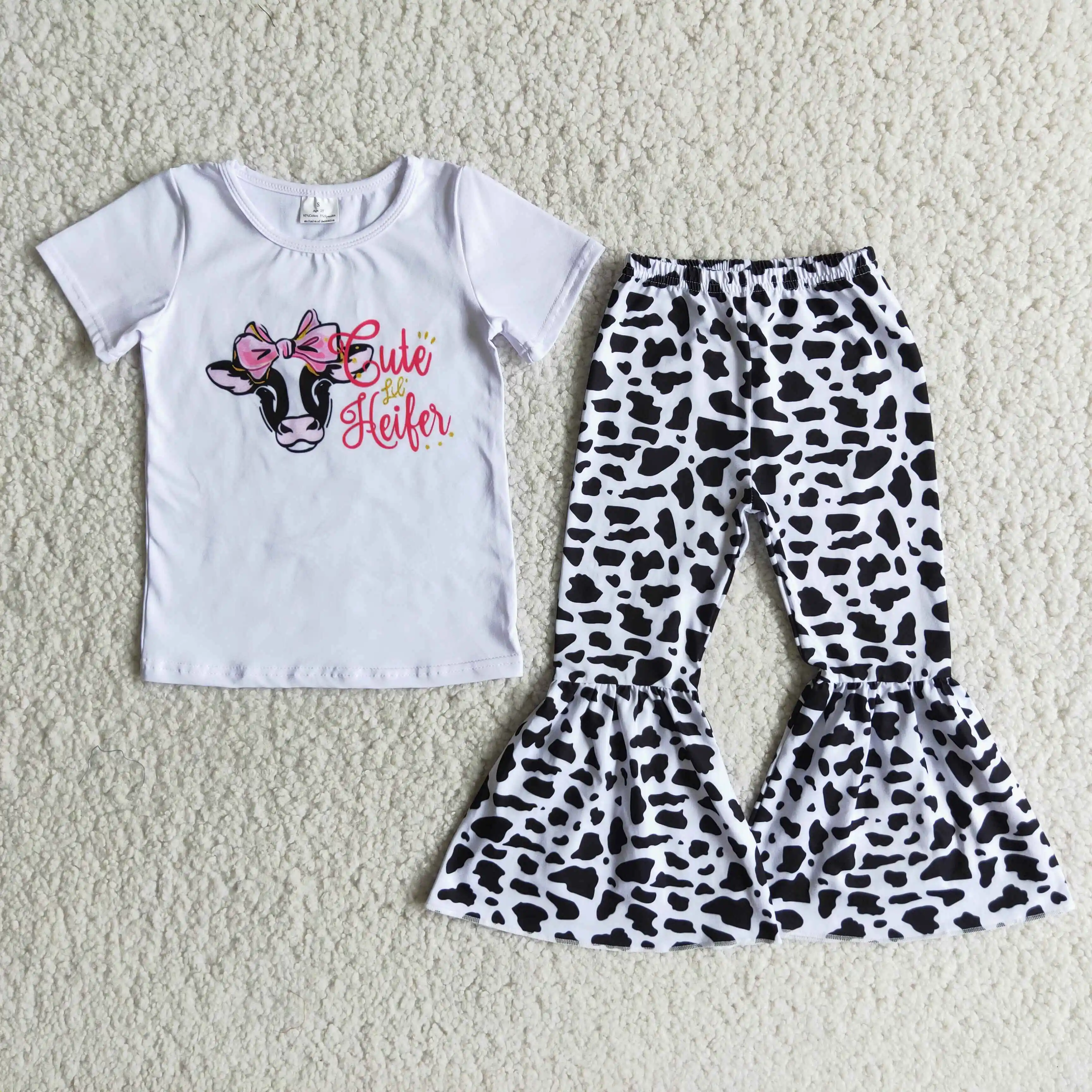 

Kids Clothing Summer Autumn Bow-tie Cow Print Short-sleeved Top And Cow Print Flared Trousers Girl's Clothes