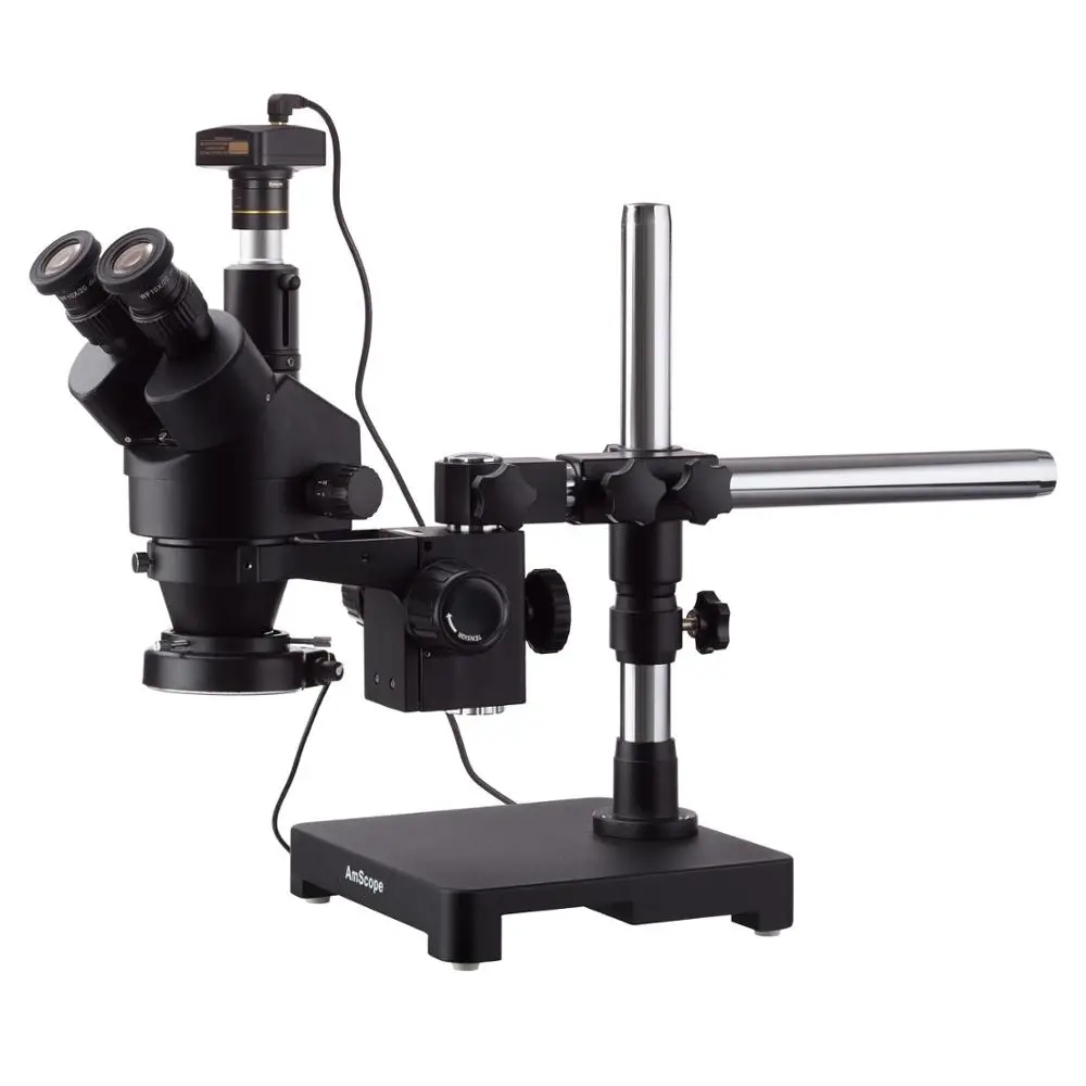 

AmScope 7X-45X Black Trinocular Stereo Zoom Microscope on Single Arm Boom Stand + 144 LED Compact Ring-light with 10MP Camera
