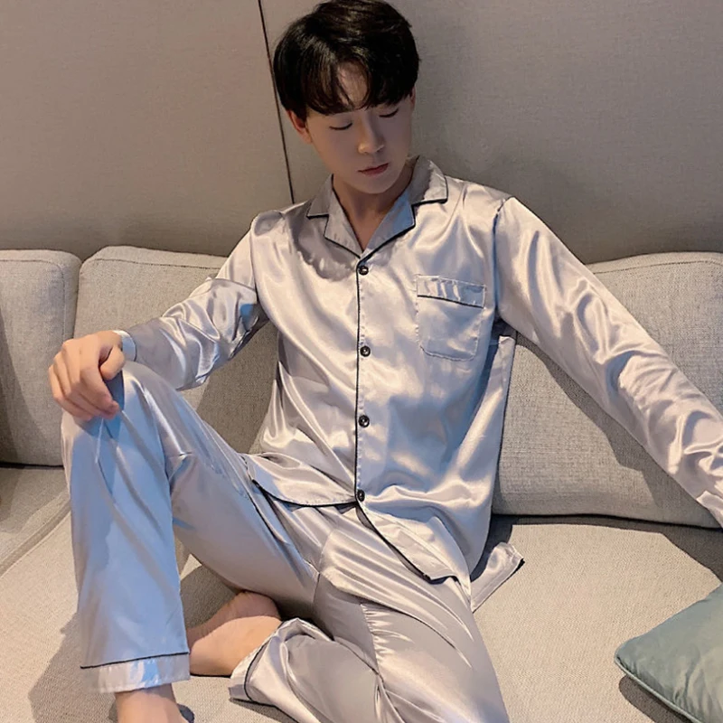 

2021 New Male Stain Silk Pajama Set Pyjamas Silk Sleepwear Men Smart Soft Pijama Suit Solid Color Satin Home Clothing Summer
