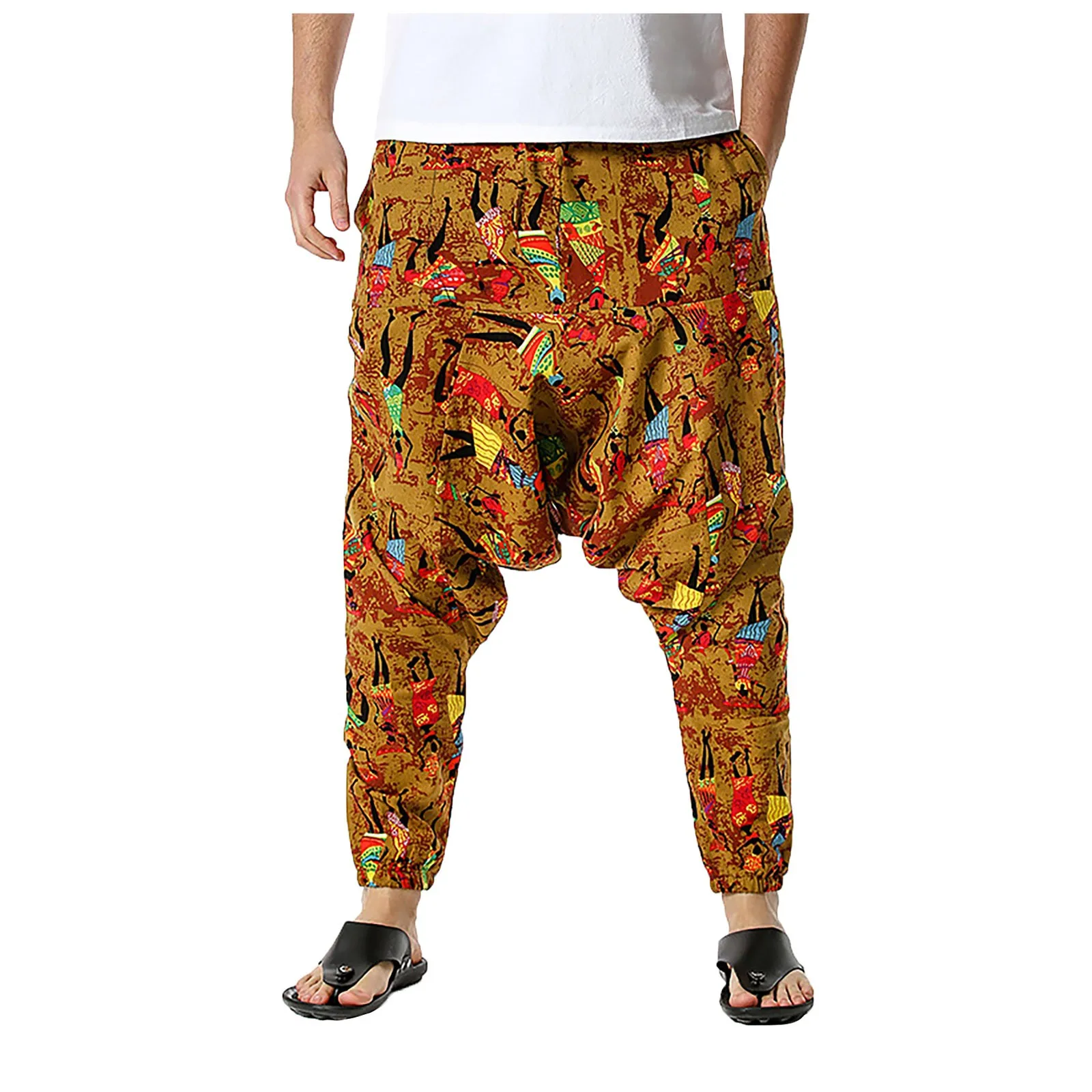 2021 Для мужчин штаны-шаровары штаны с принтом в стиле ретро заниженным шаговым