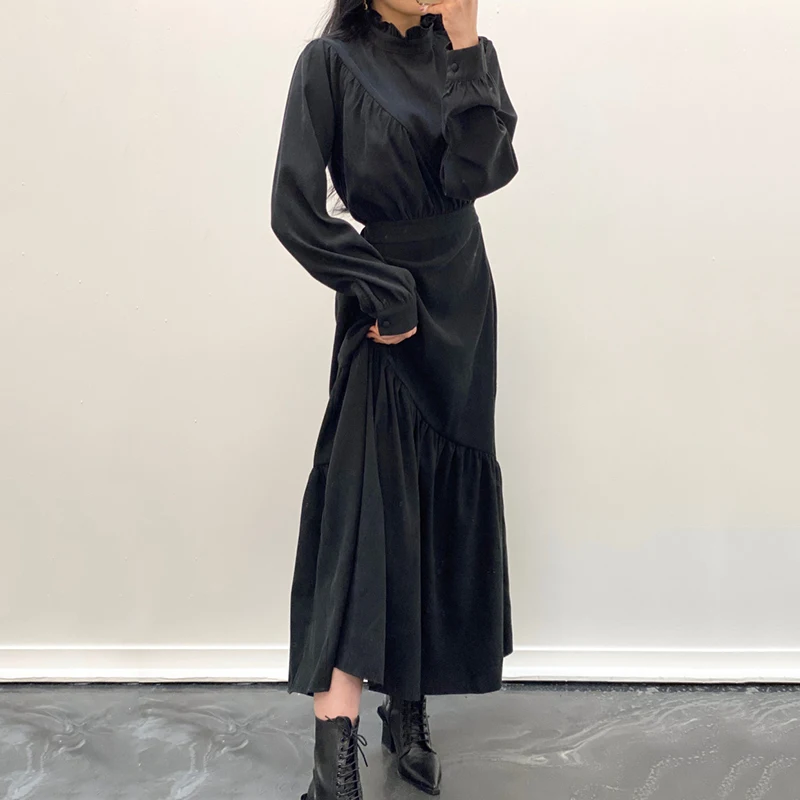 

Autumn Vintage Women's Ruffle Collar Irregular Long Dress Female Long Sleeve High Waist Vestidos 2020 Casual New Fashion Robe